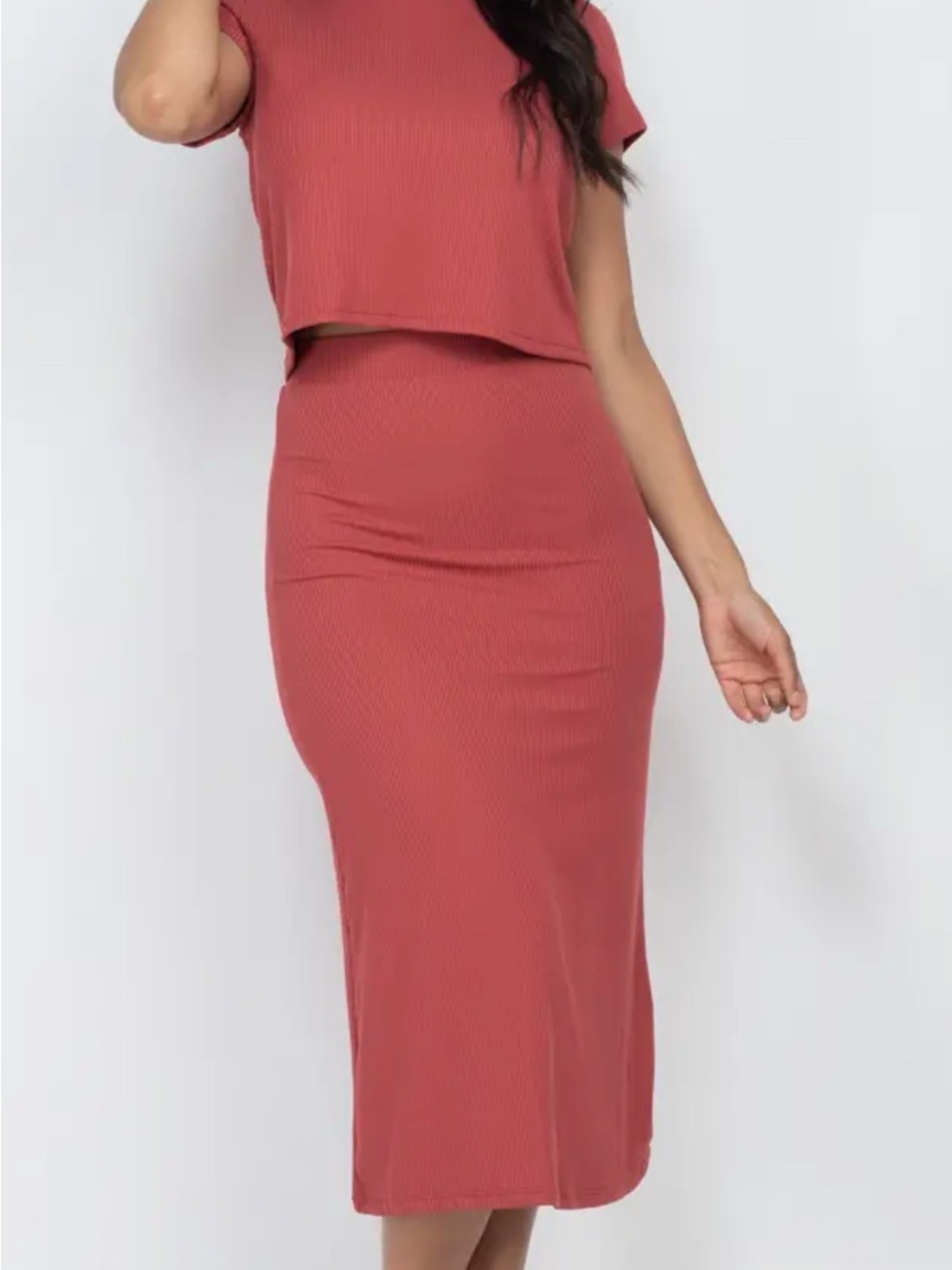 Ribbed Midi Skirt & Top in Rust Red - Women's Skirt